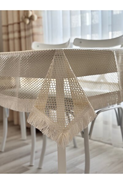 Altın Çeyiz Tekstil - Masa Örtüsü Dertsiz Kumaş Krem Petek Desen – Püsküllü –...