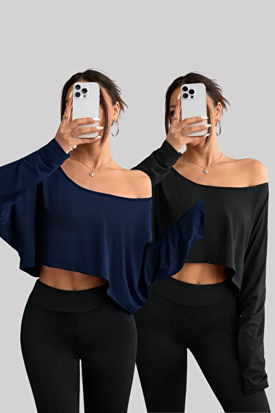 COOL TARZ Black - Navy Blue 2-Piece Women's Off-Shoulder Boat Neck Oversized Long Sleeve Crop T-Shirt