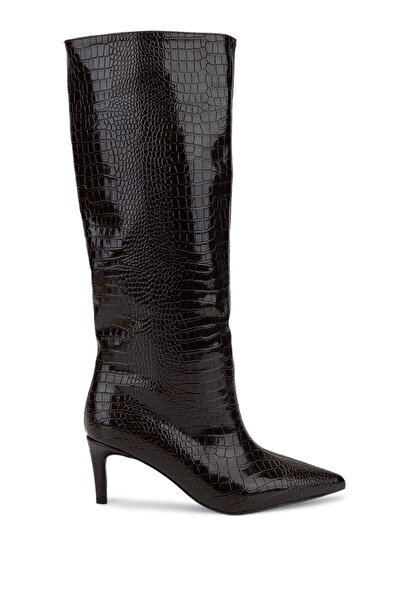 Tamer Tanca Kadın Suni Deri Kahverengi Kroko Topuklu Çizme