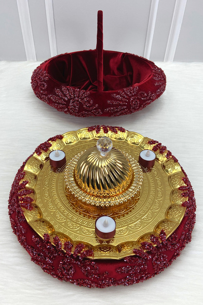 ZEYMERADE Bordo Kına Gecesi Tepsi Sepet Gelin Takımı, Lüks İthal Kadife Cam B...