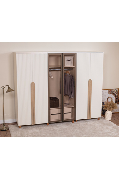 DONACO İtra 6 Kapaklı Gardırop – Krem Gövde, Krem Lake Camlı Kapak