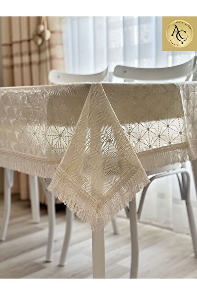 Altın Çeyiz Tekstil - Masa Örtüsü Dertsiz Kumaş Krem Piramit Desen – Püsküllü...