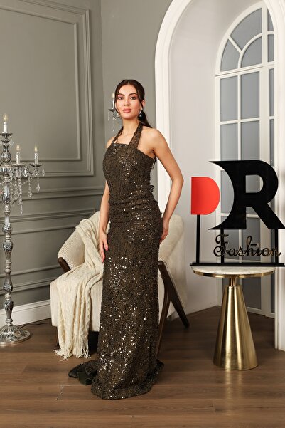 Dr Fashion Olive green evening dress decorated with sequins