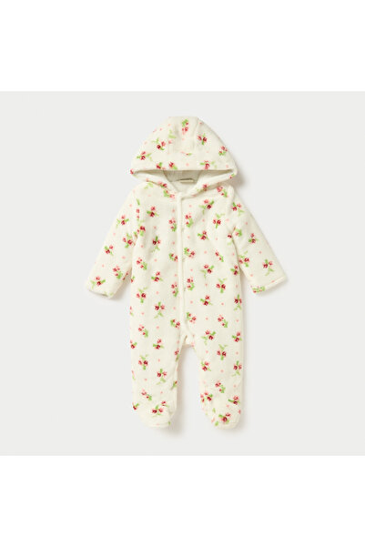Juniors Floral Print Hooded Padded Closed Feet Sleepsuit with Long Sleeves