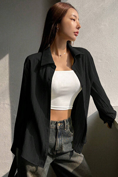 Tarz Cool Women's Oversize Wide Cut Wrinkle Detail Long Sleeve Textured Black Shirt