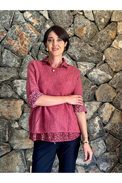 Punta Otantik Nc516020 Italian Leopard Pattern Men's Collar Sweater Burgundy