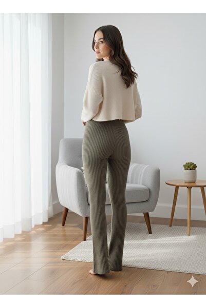 FAMESTEKSTİL Women's Khaki Ribbed Tights