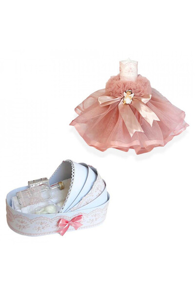 BebeNou Set botez fete în cutie leagăn și lumânare roz pal