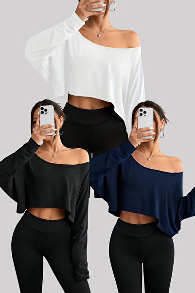 COOL TARZ Black - White - Navy Blue 3-Piece Women's Off-Shoulder Boat Neck Oversized Long Sleeve Crop T-Shirt