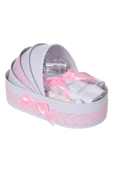 BebeNou Ριγέ Βάπτισης με Ροζ Δαντέλα για Κορίτσια - NKO5264