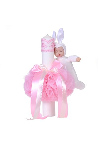 BebeNou Λαμπάδα Βάπτισης για Κορίτσια με Ροζ Διακόσμηση σε Σχέδιο Λαγουδάκι