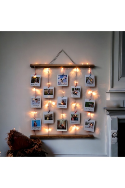 onehediye Kişiye Özel 12 Fotoğraflı Mandallı Jüt İpli 3 Mt Led Işıklı Masif Ahşap Fotoğraf Askısı