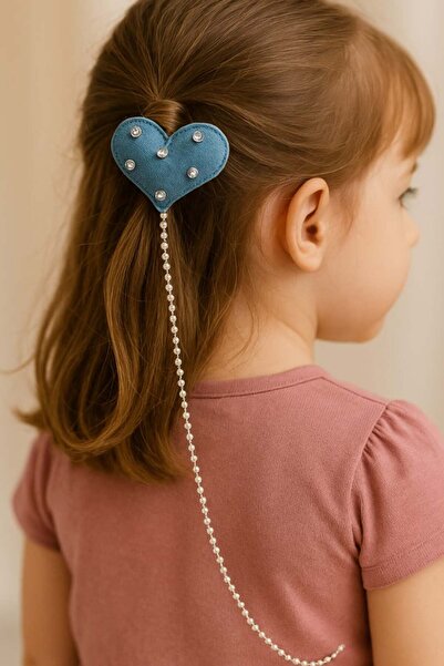 TAKIŞTIR Blue Color Heart Shaped Children's Side Buckle with Dangling Pearl Detail