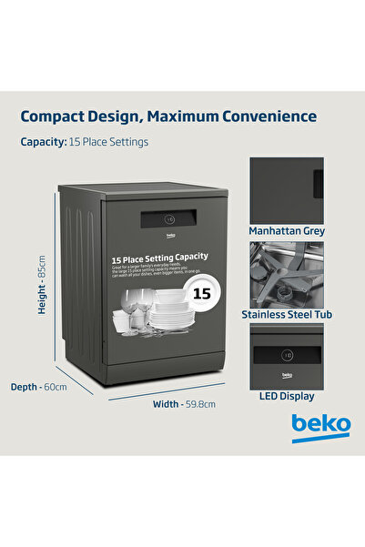Beko Freestanding Dishwasher 15 Place Settings, 11 Programs, 3 Racks, Auto dose, BDEN38533GC(Grey)