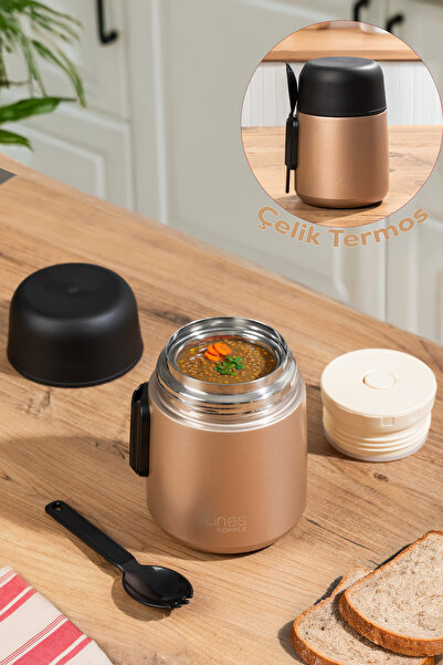 Porsima صندوق غداء محمول من الفولاذ المقاوم للصدأ مع ترمس للطعام، علبة غداء محمولة بسعة 600 مل، لون برونزي