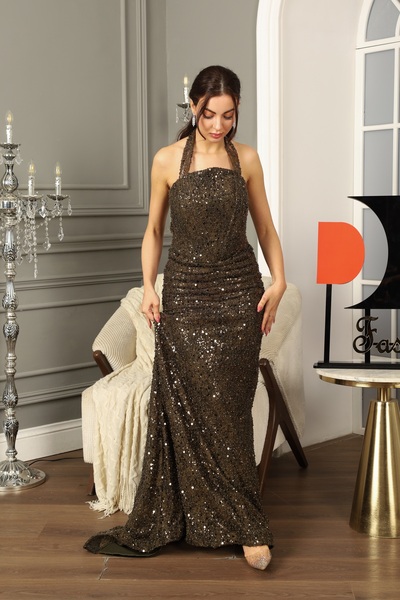 Dr Fashion Olive green evening dress decorated with sequins