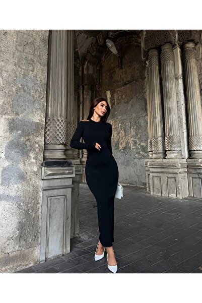 solena sln Women's Long Sleeve Maxi Length Off-The-Shoulder Detailed Knit Dress