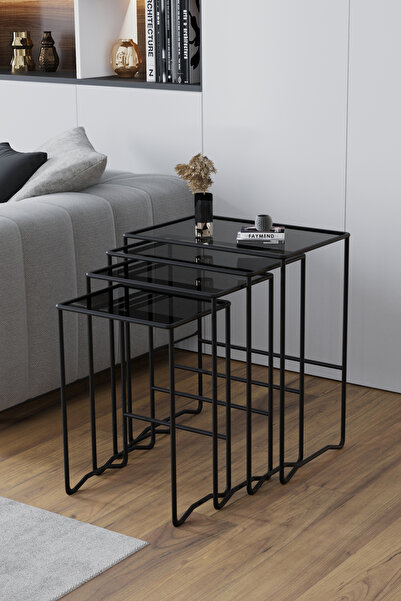 FAYMEND MİMOZA 4 lü Zigon Sehpa, Metal Sehpa, Cam Sehpa ' SİYAH - FÜME'