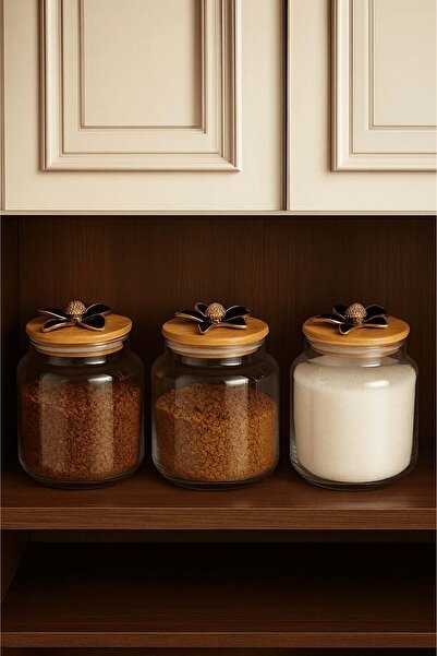 Jenisa 3'lü Metal Siyah Çiçek Figürlü Bambu Kapaklı Cam Kavanoz – Şık Saklama Kabı 635 cc