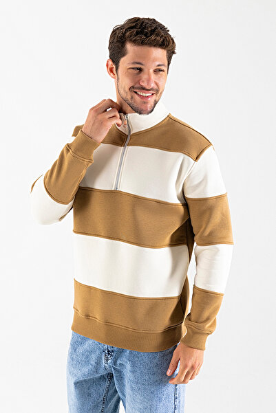 JB John Borners Ανδρικό φούτερ με μισό φερμουάρ ψηλός λαιμός με ρίγες μπεζ - 26K 8507Â