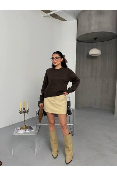 owwon Pulover cu mânecă lungă Bitter Brown guler rotund pentru femei