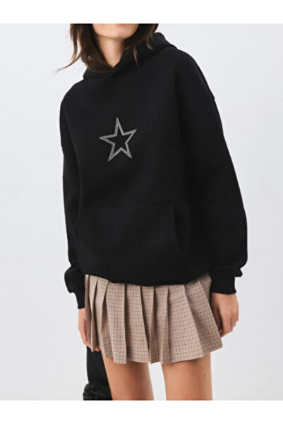 MOONBULL Women's Star Star Stone Printed Oversized Kangaroo Pocket Hooded Sweatshirt