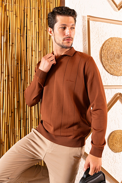 JB John Borners Ανδρικό πλεκτό πουλόβερ με φαρδιά ρίγα με λαιμόκοψη πόλο καφέ - K-2603