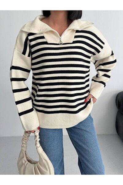 FancyWorld Pulover cu fermoar din țesătură tricotată cu guler Hilton, cu dung...