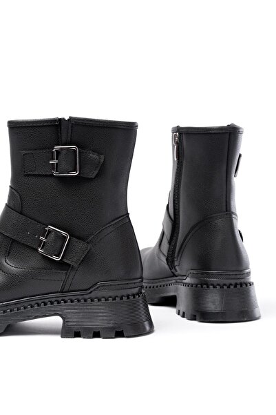 Aymood 2051-2014 Black Buckle Flat Heeled Buckle Zippered Daily Women's Boots