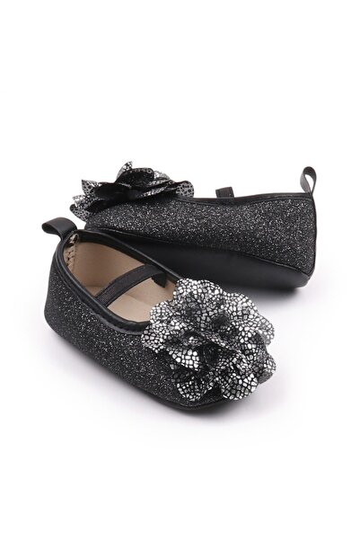 BebeNou Elegant Black Glitter Shoes with Silver Flower