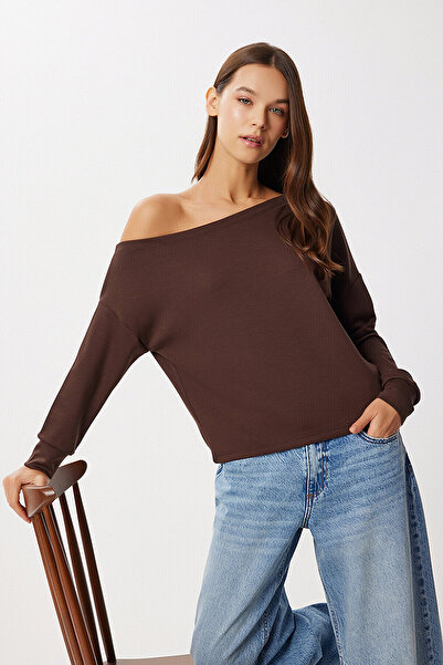 LACHT Women's Coffee Shoulder Open Boat Neck Soft Modal Fabric Relaxed Fit Blouse