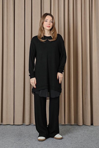 Puane Women's Ribbed Knit Knitwear Look Chiffon Detailed Set - 14401Tkm - Black
