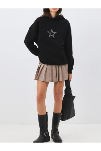 MOONBULL Women's Star Star Stone Printed Oversized Kangaroo Pocket Hooded Sweatshirt