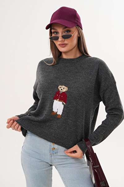 ŞİMAL Tricotaj cu căptușeală din fleece pentru femei cu broderie de ursuleț din material subțire Pulover 255192 -