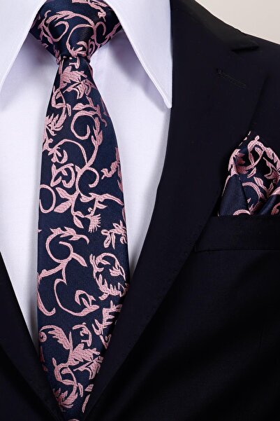 Esgue 8 cm Navy Blue Pink Patterned Hand Made Classic Wide Tie