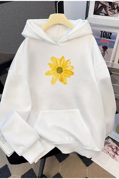 Le Savu Yellow Flower cu imprimeu Kangaroo Pocket cu glugă Culoare albă Unise...