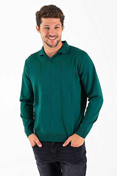 JB John Borners Ανδρικό πλεκτό πουλόβερ με φαρδιά ρίγα με λαιμόκοψη πόλο πράσινο - K-2603