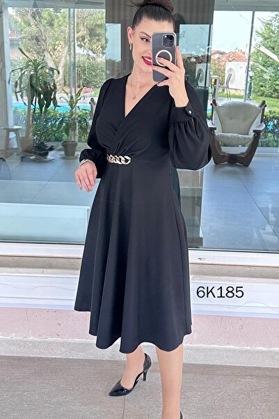 İnce Topuk Double-Breasted Collar Buckle Crepe Dress 6K185