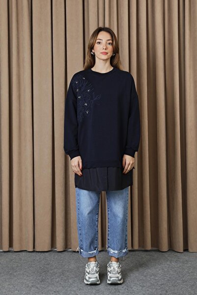 Puane Women's Floral Embroidered and Embroidered g Paneled Tunic - 10739Tun - Navy