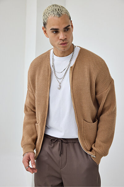 MADZEYMODA Premium ανδρική ζακέτα με φερμουάρ σε χρώμα μπισκότο LS-62003