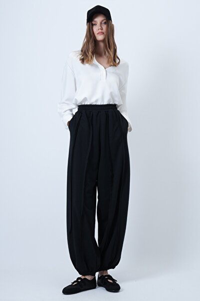 VAGGON Women's Black Stitching Detailed Elasticated Leg Jogger Pants Prmx14664