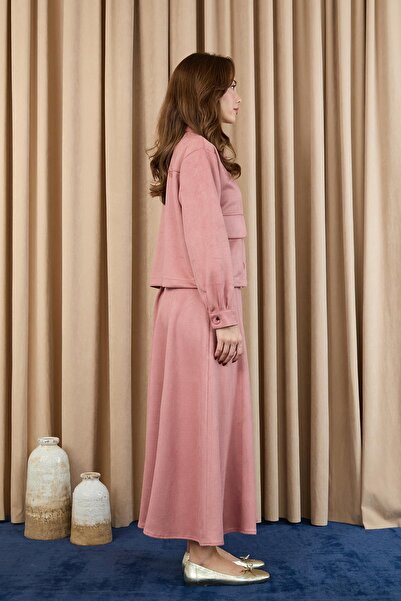 Puane Women's Pocket Detailed Scuba Suede Jacket Set - 14397Tkm - Rose