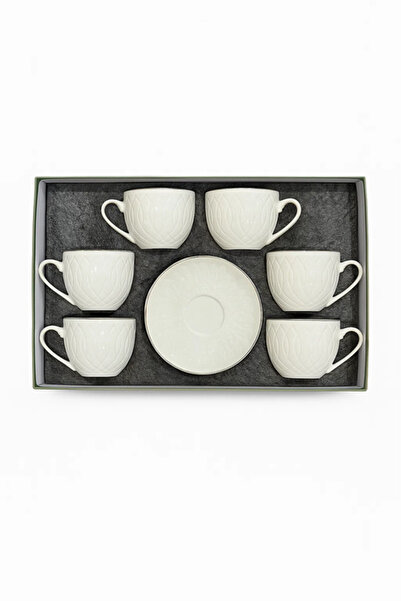 Urbanza طقم فناجين شاي وقهوة من السيراميك المنقوش باللون الأبيض، مكون من 6 قطع مع صحن