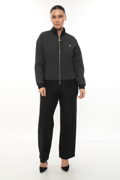 EXİTLİNE Women's Winter Gold Zippered and Logoed Anthracite Striped Stretchy Pants and Jacket Set