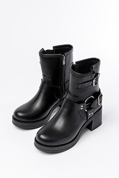 Aymood 5109-3028 Black Zippered Heeled Daily Women's Boots with Buckle Accessories