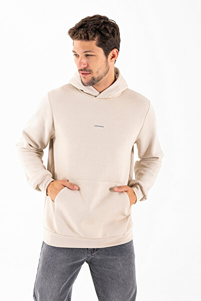 JB John Borners Ανδρικό φούτερ με τσέπες καγκουρό με κουκούλα με τύπωμα μπεζ - 25K 5281
