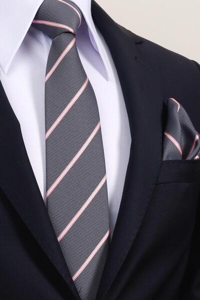Esgue 8 cm Gray Pink Striped Hand Made Classic Wide Handkerchief Tie
