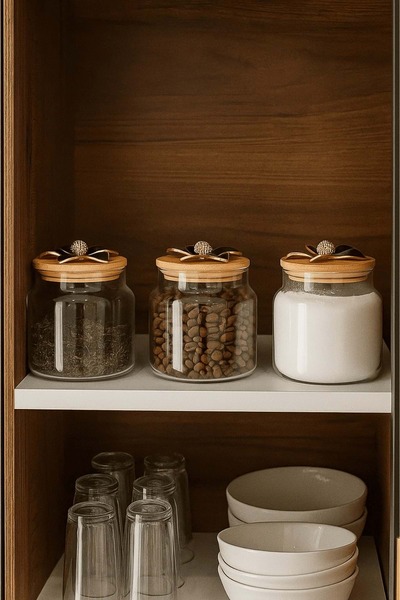 Jenisa 3'lü Metal Siyah Çiçek Figürlü Bambu Kapaklı Cam Kavanoz – Şık Saklama Kabı 635 cc