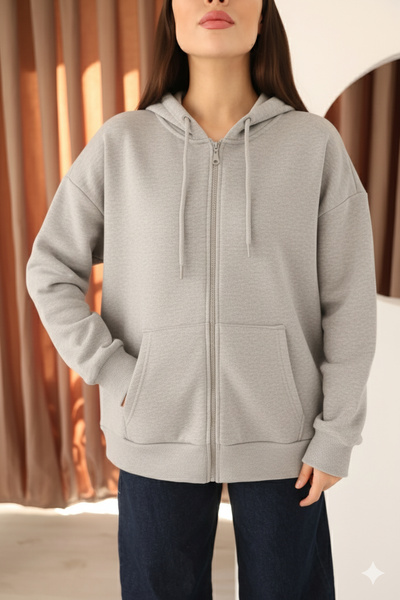 MOVİMENT Gray Oversized K Hooded Women's Sweatshirt with Fleece and Zipper Detail