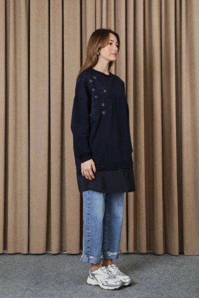 Puane Women's Floral Embroidered and Embroidered g Paneled Tunic - 10739Tun - Navy